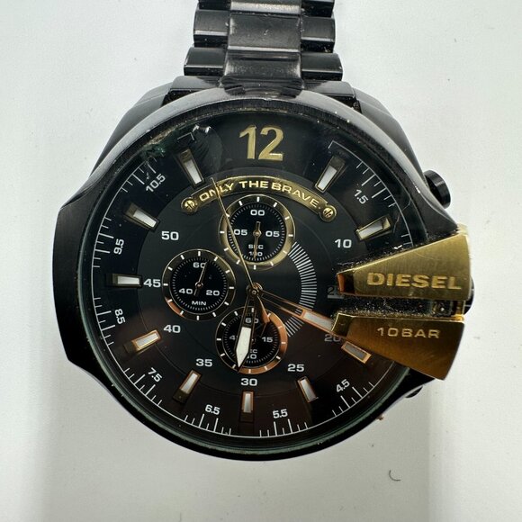Diesel Mega Chief Watch Men Black Gold Tone Large Dial 53MM Missing Pin Working - Picture 2 of 11